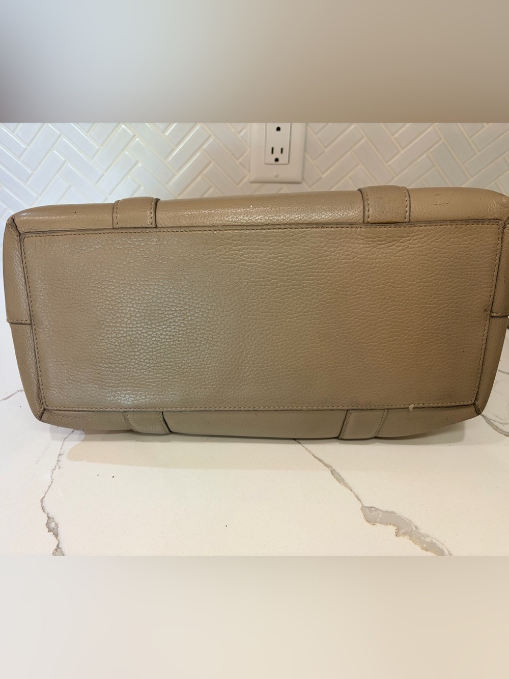 Cuyana Trapeze Pebbled Leather Satchel Flap Tote Taupe Top Handle Crossbody - Picture 12 of 16
